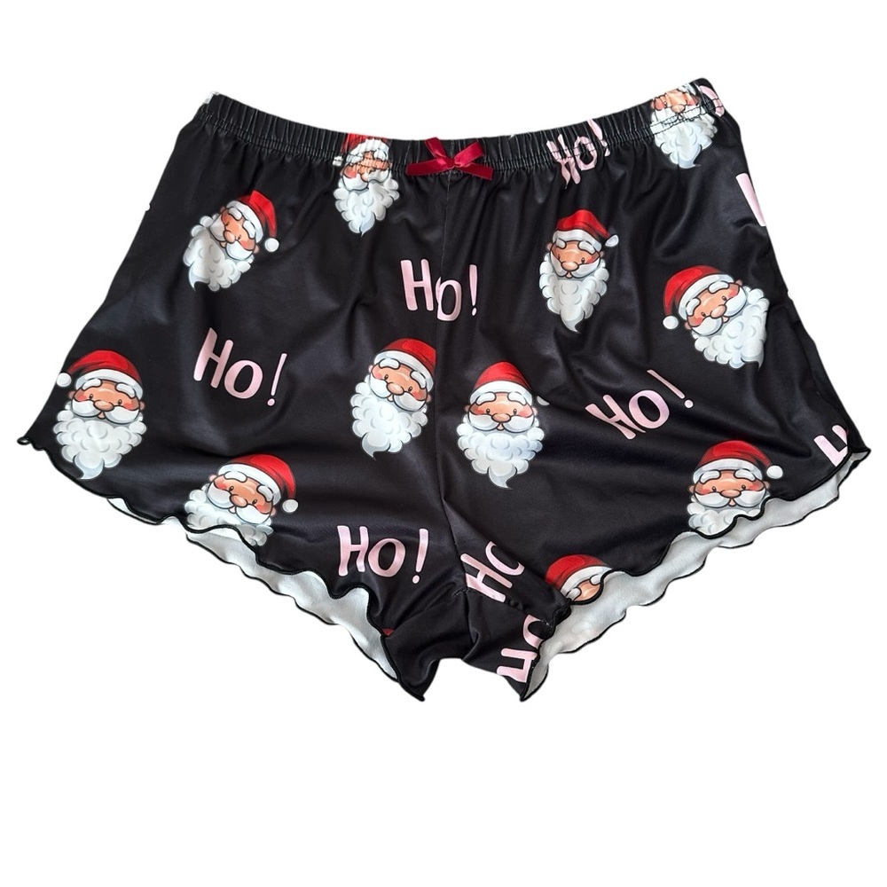 Women’s Christmas Santa Pajama Sleep Short Set Black Satin Size Large - Picture 4 of 6